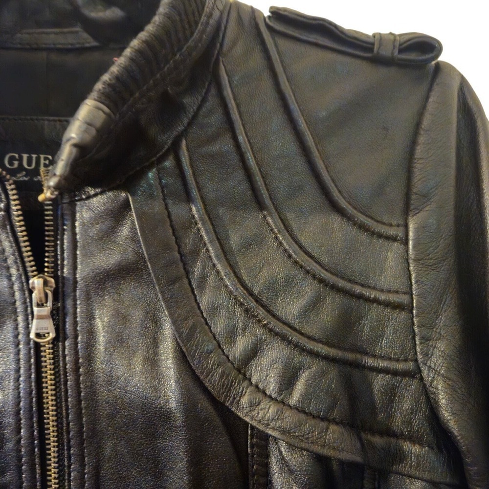 GUESS Womens Vintage Leather Jacket Zipper Pockets Black Size Small - Picture 6 of 9